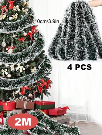 4Pcs 10cm*200cm Christmas Decoration Ribbon Garland Madder Pull Flower Strips Xmas Tree Ornaments Green White Cane Tinsel Party Supplies (Green White),Christmas