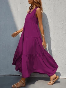 Vestido largo sin mangas y  cuello V - Rojo violeta - Ver 3