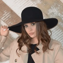 1頂女款復古寬緣圓頂毡帽,黑色優雅