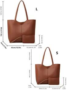 荔枝紋壓花單肩托特包附錢包素色雙把手 - 棕色 - 查看 7