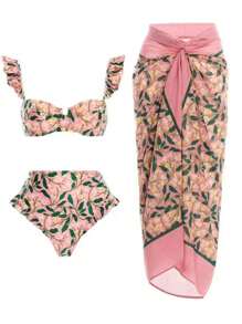 Women Floral Print Ruffled Trimmed Bikini Set With Skirt & One Size Cover-Up Skirt Summer - Pink - View 1