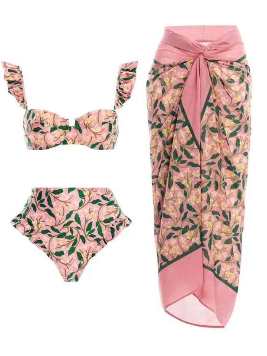Women Floral Print Ruffled Trimmed Bikini Set With Skirt & One Size Cover-Up Skirt Summer - Pink - View 1