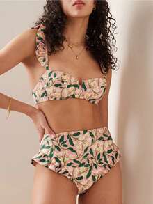 Women Floral Print Ruffled Trimmed Bikini Set With Skirt & One Size Cover-Up Skirt Summer - Pink - View 4