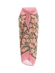 Women Floral Print Ruffled Trimmed Bikini Set With Skirt & One Size Cover-Up Skirt Summer - Pink - View 3