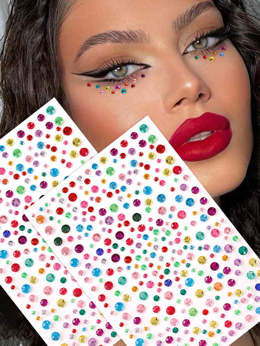 2pcs 3d Simulation Large Mixed Color Rhinestone Stickers For Diy Music Festival Y2k Makeup Party Face & Body Decoration - Multicolor - View 1