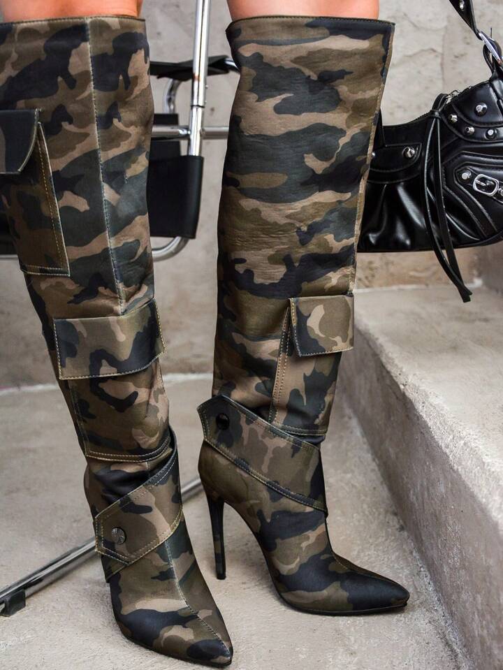 Women's Camouflage Knee-High Stiletto Boots - Single Pointy