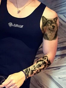 2 張男性臨時半永久狼群和花臂紋身貼紙,帶有孤獨的狼圖像,15-21 厘米 - 黑色 - 查看 1