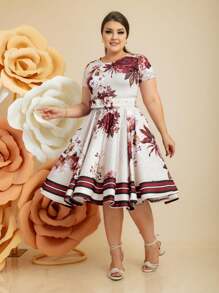 Vestido Midi Godê Nude com Bordo Florido com Cinto Moda Feminina Mulher Cristã - Vinho - Visão 1