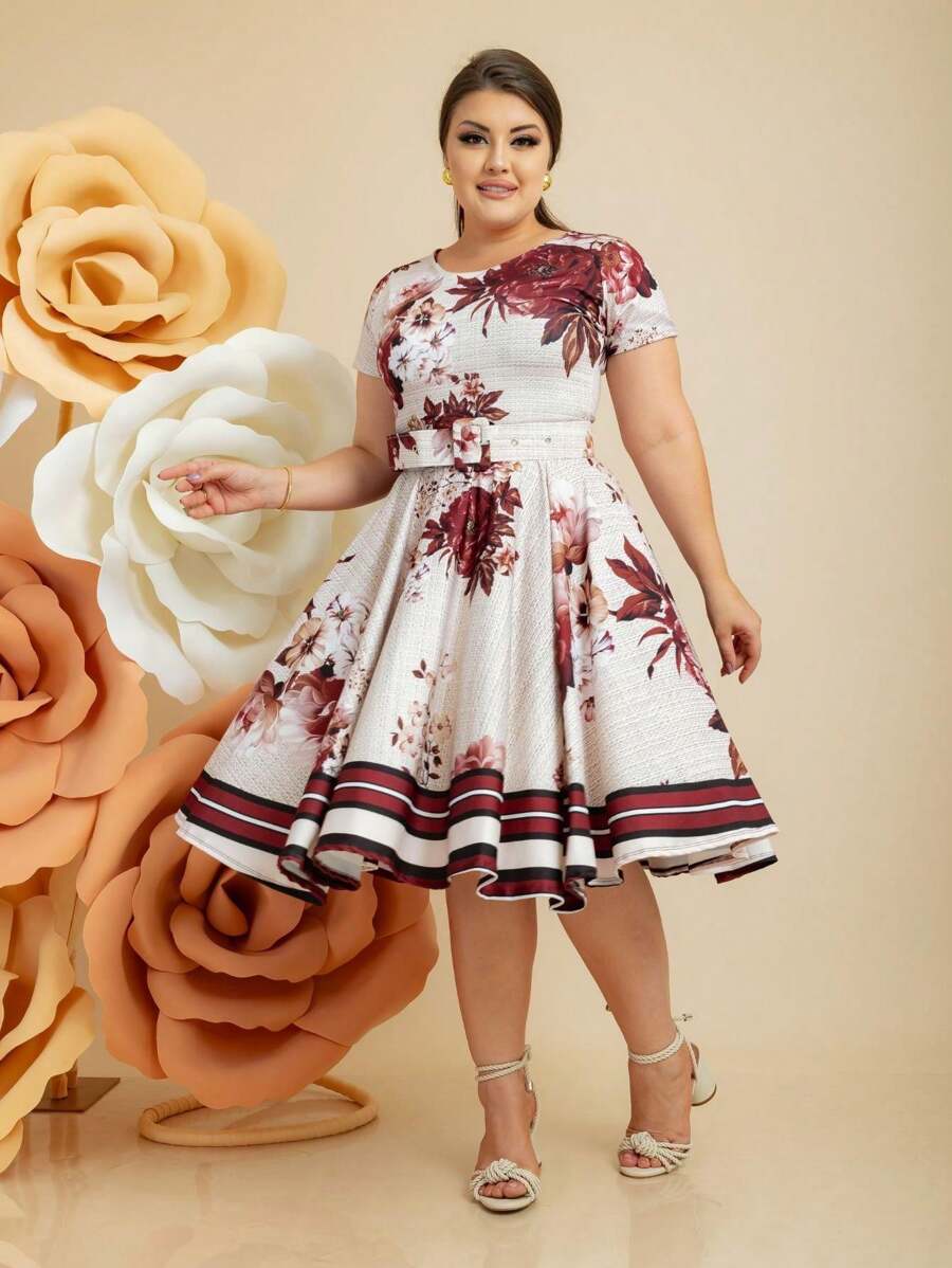 Vestido Midi Godê Nude com Bordo Florido com Cinto Moda Feminina Mulher Cristã - Vinho - Visão 1