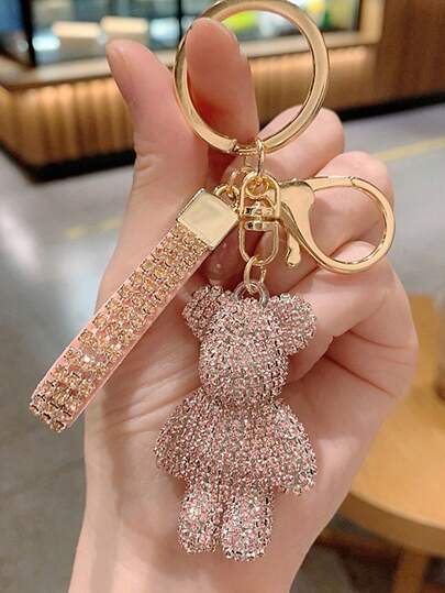 1pc Rhinestone-Embedded Bear Shaped Keychain For Women, Creative & Exquisite Bear Car Key Pendant For Bags & Purse Decoration Car Accessories Bag Charm School Cute Goth Y2k