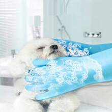 1對寵物洗澡按摩梳理毛髮手套,適用於狗和貓,使用矽膠刷 - 藍色 - 查看 4