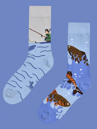 1双男女款钓鱼图案保暖中筒袜，秋季