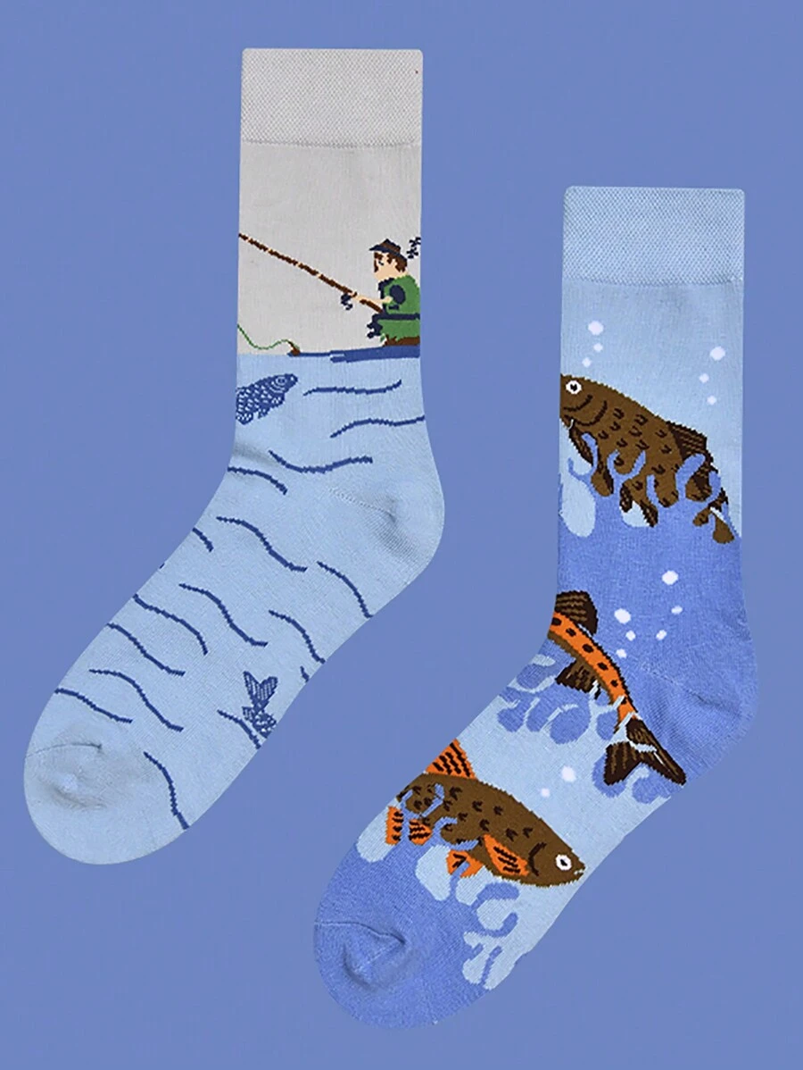 1双男女款钓鱼图案保暖中筒袜，秋季 - 彩色 - 查看 1