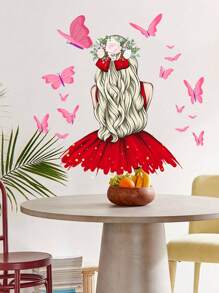 1張卡通女孩剪影蝴蝶裝飾貼紙,自粘式可拆卸pvc貼紙,適用於客廳和臥室牆壁裝飾