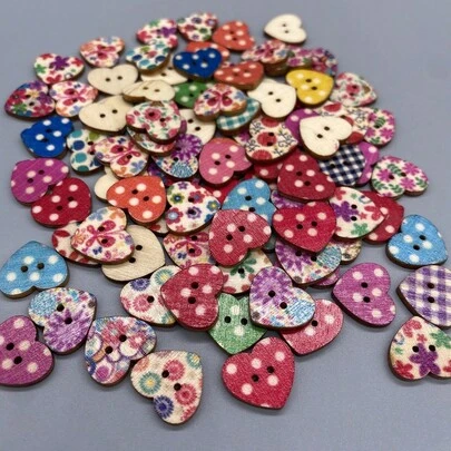 50pcs/set Heart Shaped Printed Wooden Buttons With Two Holes For Sewing And Crafting