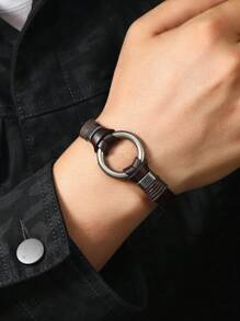 1pc Handmade Leather Punk Rock Style Metal Ring Bracelet For Men, Non-Adjustable Size, Suitable For Daily Wear - Brown - View 2