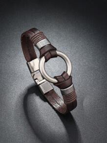 1pc Handmade Leather Punk Rock Style Metal Ring Bracelet For Men, Non-Adjustable Size, Suitable For Daily Wear - Brown - View 6