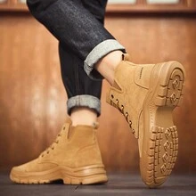 男士高筒休閒鞋厚底機車靴戶外耐磨防滑踝工作靴 - 黃色 - 查看 4