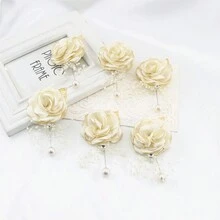 6入組米色男士婚禮胸花,新郎伴郎婚禮用人工花&珍珠鑽石胸花,適用於婚禮、周年紀念日、歸鄉舞會、學校晚會服裝裝飾