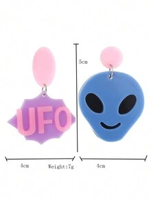 1對漫畫不對稱亞克力ufo、字母和外星人造型吊墜耳環 - 綠色 - 查看 3