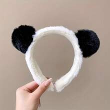 1 件毛皮頭帶，帶毛絨熊貓耳朵，可愛髮帶，用於洗臉或化妝 - 黑與白 - 查看 1