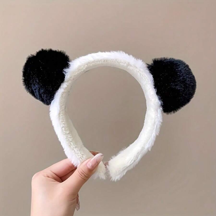1 件毛皮頭帶，帶毛絨熊貓耳朵，可愛髮帶，用於洗臉或化妝 - 黑與白 - 查看 1