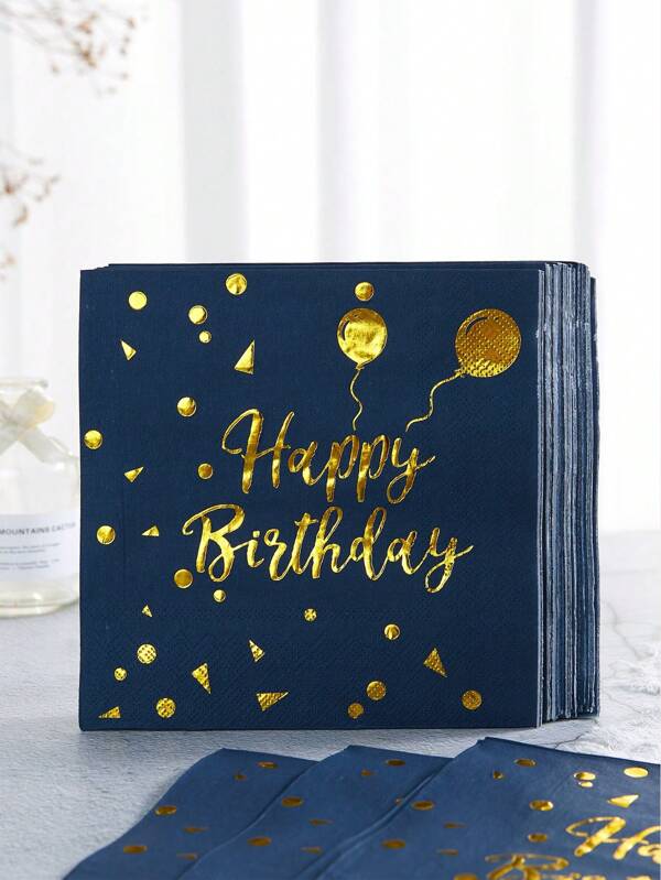24 Stücke/Set marineblau & goldene Folie "Happy Birthday" Einweg-Servietten, 13*13 Zoll 2-lagige elegante marineblau Servietten mit metallischer Goldfolie für Frauenpartys, Weihnachten
