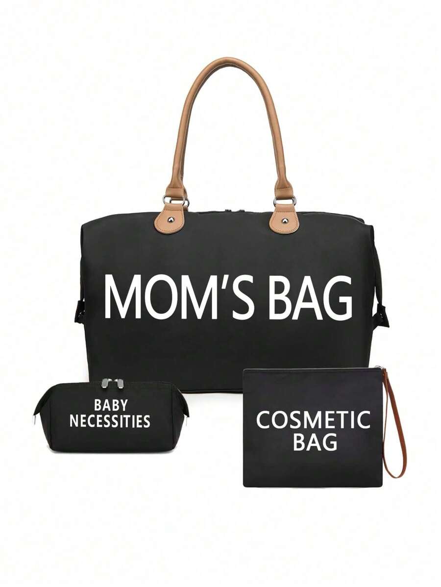 3pcs/Set Tote Handbag With Shoulder Strap, Separated Wet And Dry Bottle Compartment Travel Mommy Bag - màu đen - Xem 1