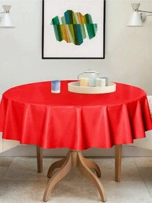 1Pc 213cm Red Round Disposable Plastic Tablecloth Minimalist Solid Color Party Supplies - Red - View 2