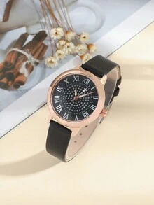 1 件女士经典时尚石英手表，镶有钻石和黑色皮革表带