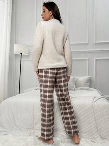 Nina Bonheur 2pcs Women's White Comfortable Coral Fleece Top And Casual Grid Pattern Pants Pajama Set - White - View 2
