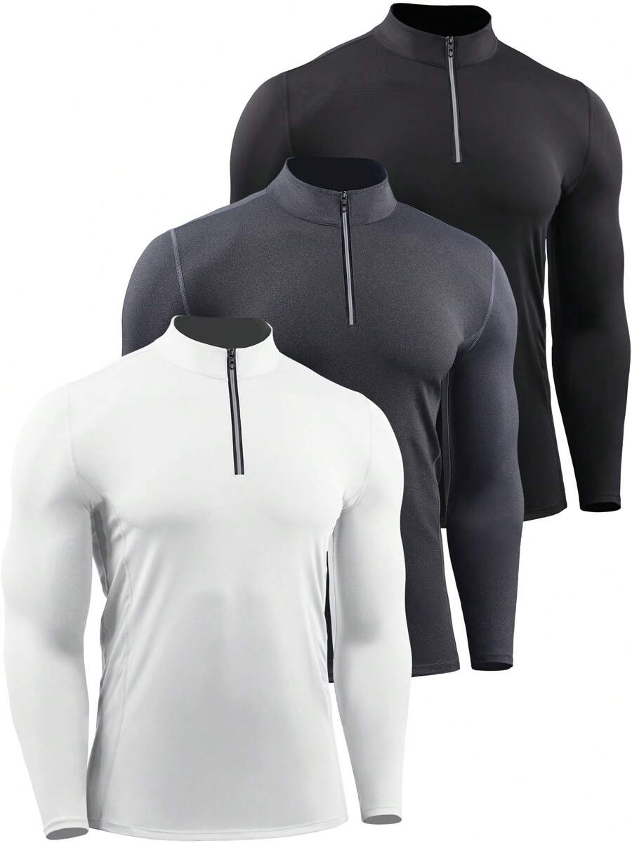 NELEUS Boyfriend Style Men's 3 Pack Athletic Compression High Neck Long Sleeve T-Shirt For Running, Working Out, And Fitness - black,grey,white#3 - View 1