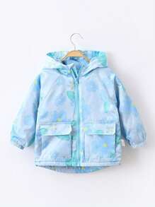 1pc Young Girl Lovely Flower Patterned Print Long Sleeve Hooded Fleeced Coat With Raglan Sleeve For Winter - Blue - View 1