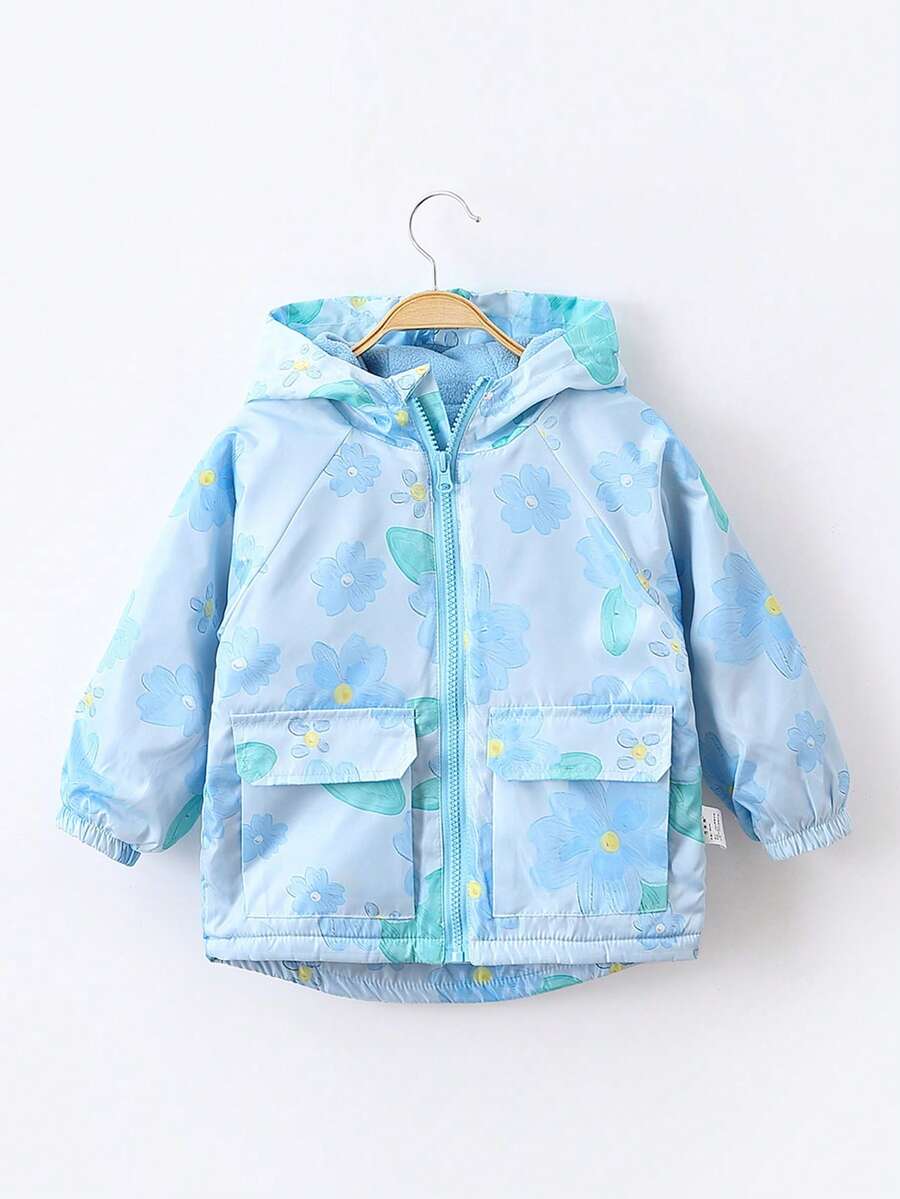 1pc Young Girl Lovely Flower Patterned Print Long Sleeve Hooded Fleeced Coat With Raglan Sleeve For Winter - Blue - View 1