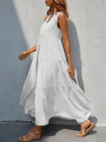 Vestido largo sin mangas y  cuello V - Blanco - Ver 3