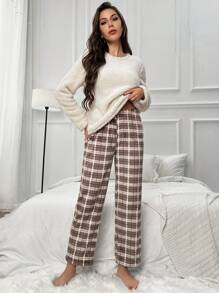 Nina Bonheur 2pcs Women's White Comfortable Coral Fleece Top And Casual Grid Pattern Pants Pajama Set - White - View 3
