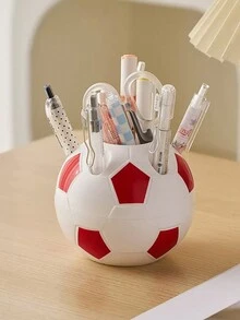 Multifunctional Soccer Pen Holder Shelf Stationery Organizer Plastic Pen Container With Ball Shape Design For Student Desk, Gift - Red - View 1