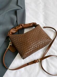 New Fashionable Simple All-Match Fold & Braid Pu Two-Tone Handbag Shoulder Bag Crossbody Bag - Coffee Brown - View 6