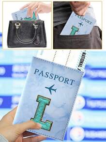 Air Plan 旅行配件護照夾時尚大理石花紋 Pu 皮革護照套男式女式時尚旅行便攜式銀行卡護照商務 Pu 錢包套夾藍色首字母 L