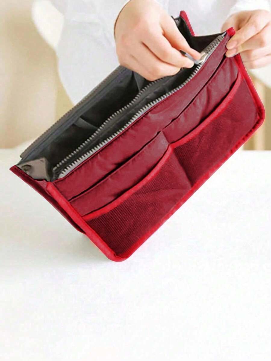 1Pc Purse Insert Storage Bag, Versatile Travel Organizer Bag Insert Cosmetic Bag With Multi-Pockets - Burgundy - View 1