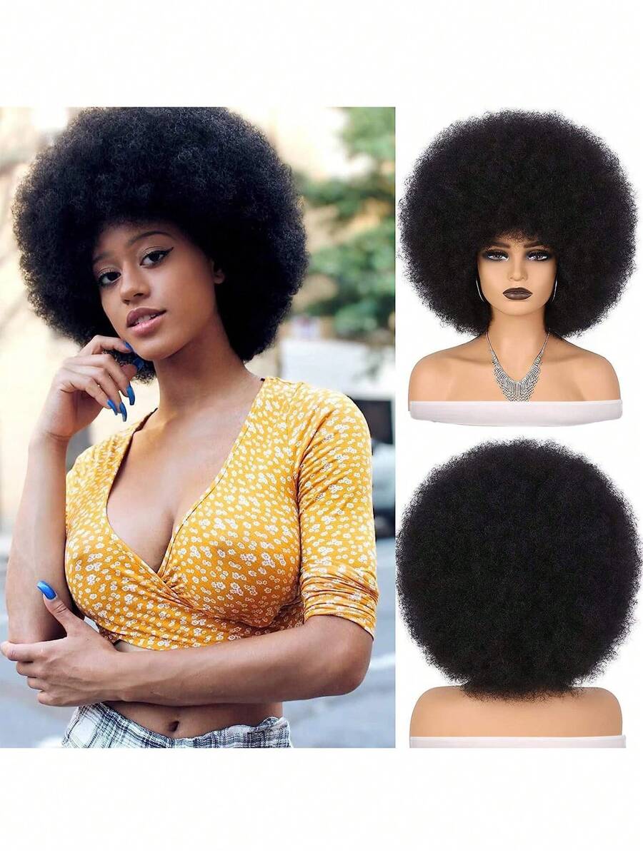 女式短非洲捲髮假髮大號彈性柔軟自然外觀黑色合成假髮女式