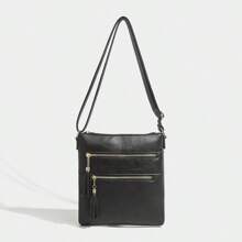 Vintage Style Women's Crossbody Bag, Small Size Pu Leather Shoulder Bag & Handbag, With Tassel Decoration, Multiple Pockets, Dual Zippers - Black - View 6