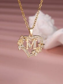 Tsnamer 1 Stück exquisiter Halskette mit kubischem Zirkonia-Initialen und herz-geschnitztem 26 Buchstaben A-Z sowie Blumen, Damen Schmuck für den täglichen Gebrauch