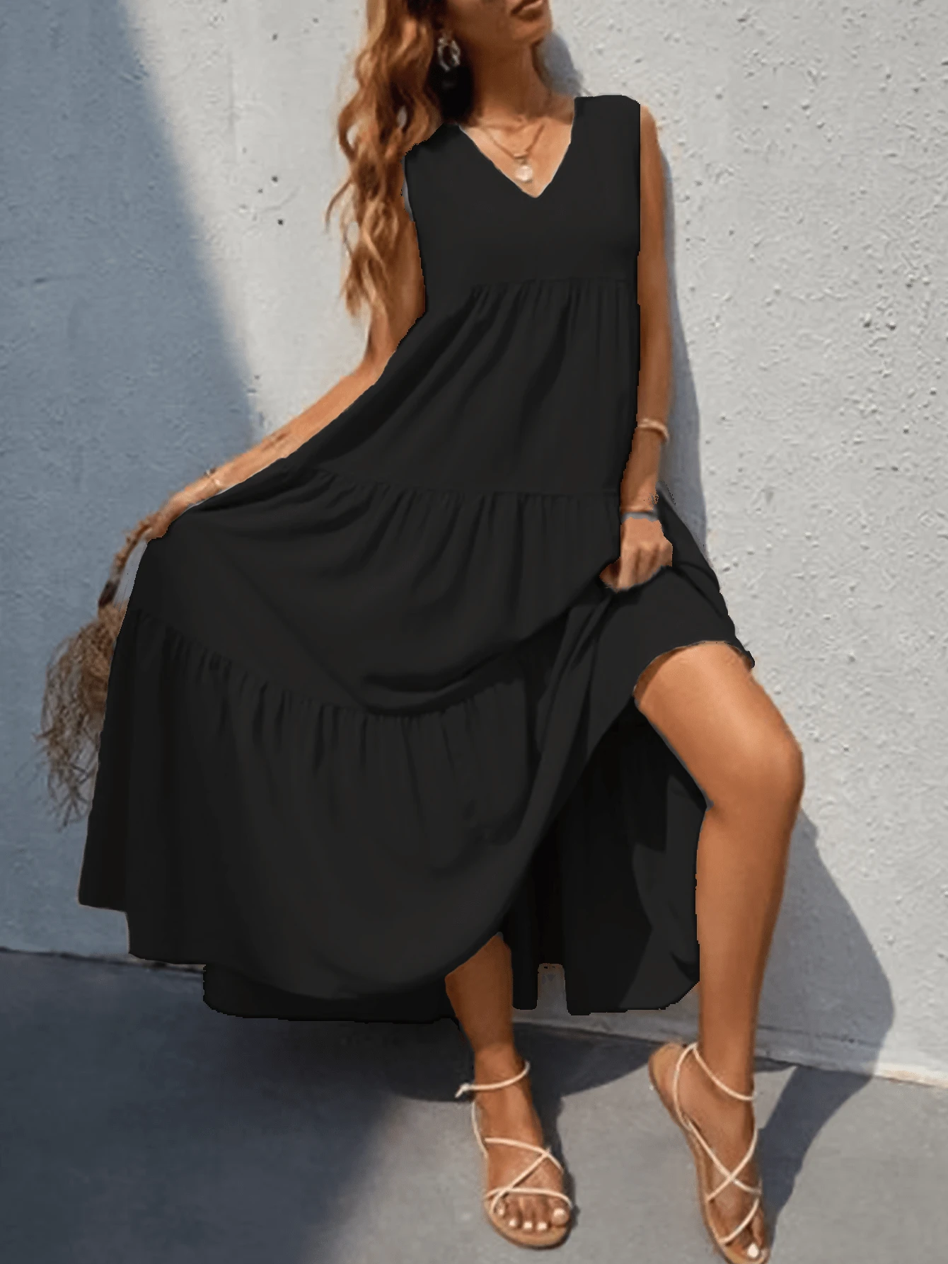 Vestido largo sin mangas y cuello V - Negro - Ver 1