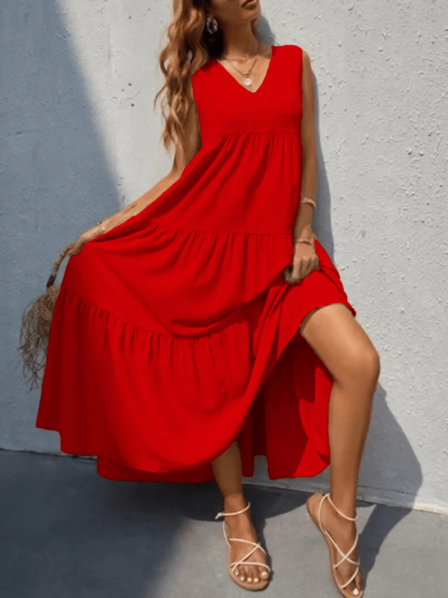 Vestido largo sin mangas y cuello V - Rojo - Ver 1