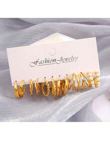 时尚个性金属耳环 6对/套，金属三扭设计耳环 6件/套 - 彩色 - 查看 3