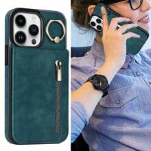 A New Multifunctional Retro Style Zipper Flip Wallet, With Finger Ring Bracket, Full Cover Shockproof & Wear Resistant, High Fashion Tpu Phone Case, Suitable For Various Apple Models