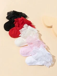 5 Pairs Baby Girls Sweet Princess Style Embroidered Lace Double-Layered Flower Pattern Short Socks For Comfortable Daily Wear And Barefoot - Multicolor - View 1