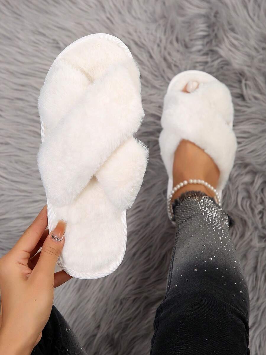 女士毛絨拖鞋,時尚舒適的室內家居鞋 - 白色 - 查看 1