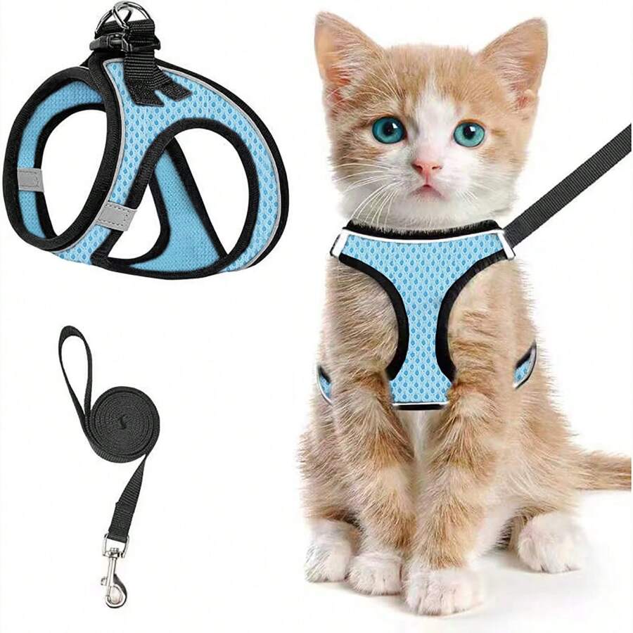 Cat Harness And Leash Set With Fur, Escape Proof Adjustable Soft Cat Harness Vest, Breathable Reflective Stripe Jacket For Easy Control, Black